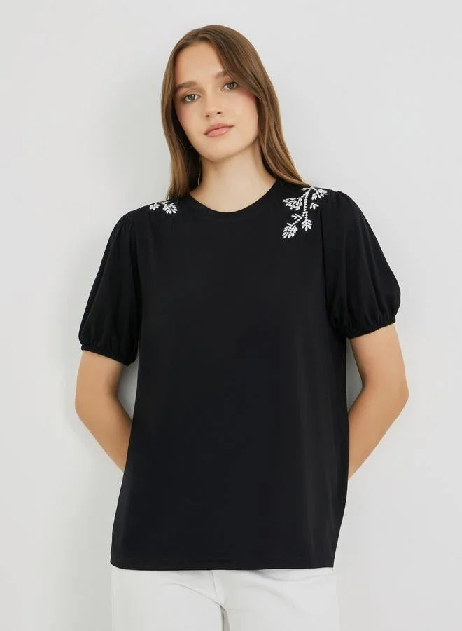 Take Two Embroidered Round Neck Short Sleeve T-Shirt